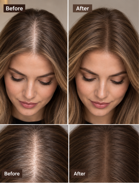 Before and after showing brunette root and part coverage